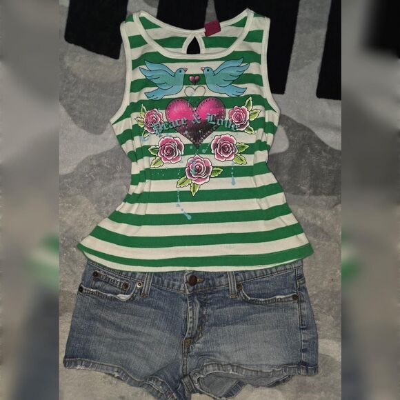 Y2K Ribbed Tank Top Green Stripe Graphic Dove Heart Tattoo XS Small - Picture 2 of 3